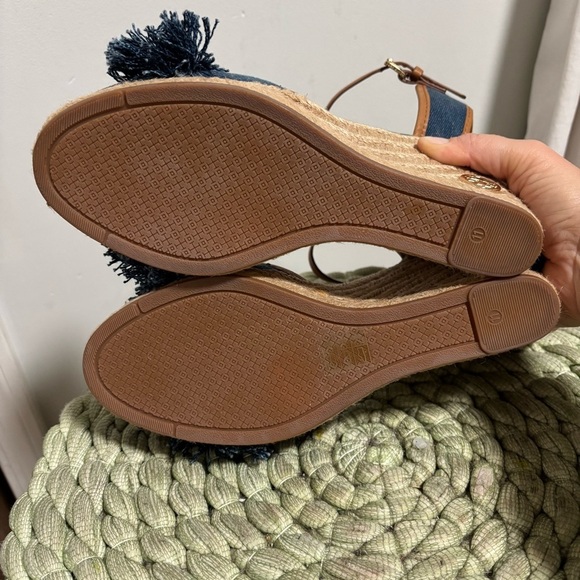 Tory Burch Shaw Blue Denim Fringe Tan Leather Espadrille Wedge Sandals NWOB - Picture 10 of 10